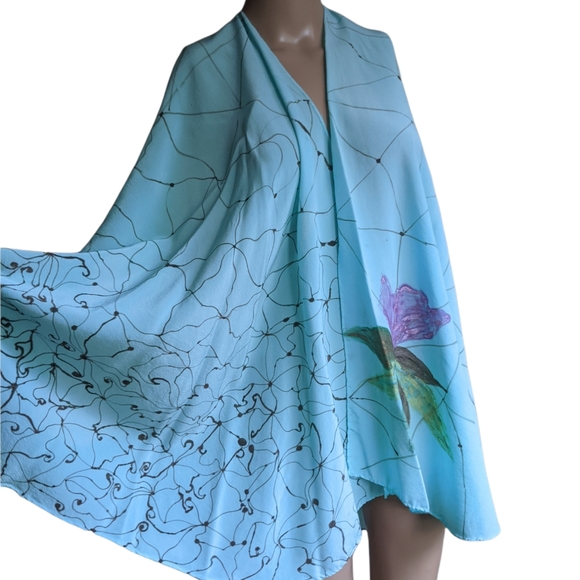 Hand Made Art Hand Painted Turqoise Blue Silk Cape OS - Picture 4 of 11